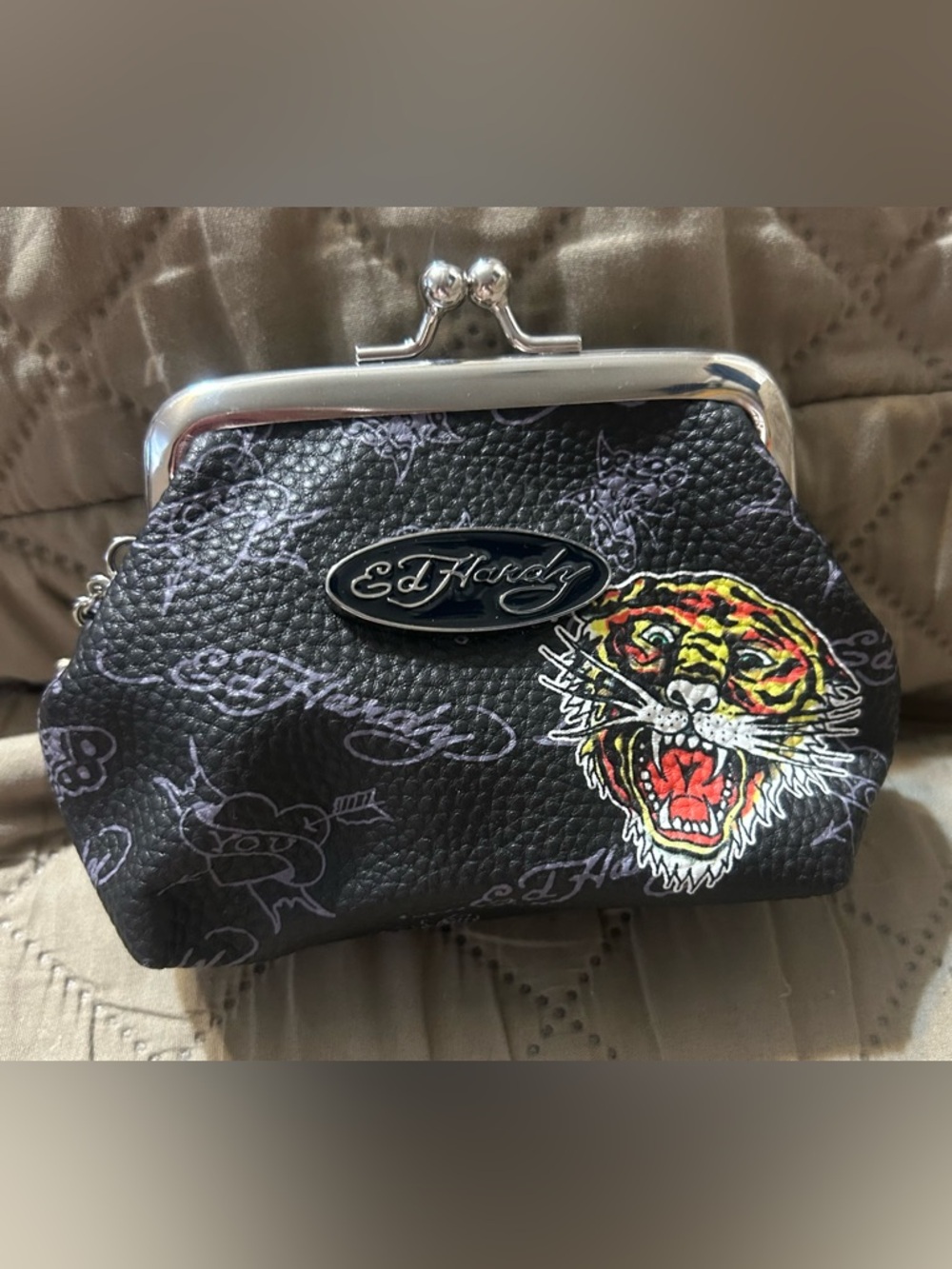 Ed Hardy Black Screaming Tiger Kisslock Coin Pouch